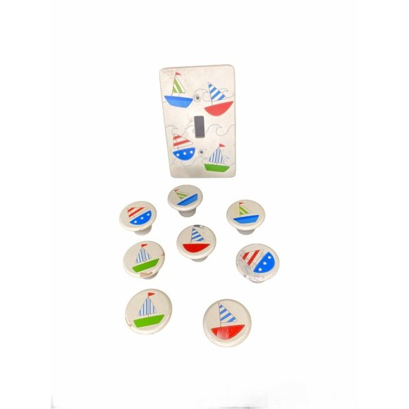 Children’s Vintage Drawer Ceramic Knobs and Light Switch Set Sailboat Nautical - Picture 1 of 4
